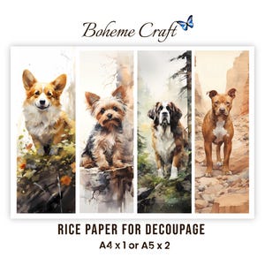 Puede incluir: Cuatro hojas verticales de papel de arroz para decoupage con ilustraciones en acuarela de un Corgi, un Yorkshire Terrier, un San Bernardo y un Pitbull. El texto Boheme Craft, Rice Paper for Decoupage y A4 x 1 o A5 x 2 est&aacute; impreso en la imagen.