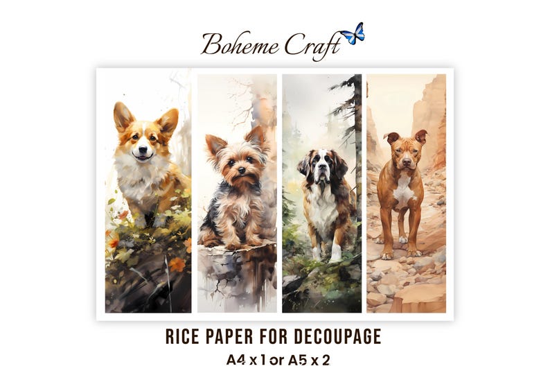 Puede incluir: Cuatro hojas verticales de papel de arroz para decoupage con ilustraciones en acuarela de un Corgi, un Yorkshire Terrier, un San Bernardo y un Pitbull. El texto Boheme Craft, Rice Paper for Decoupage y A4 x 1 o A5 x 2 est&aacute; impreso en la imagen.
