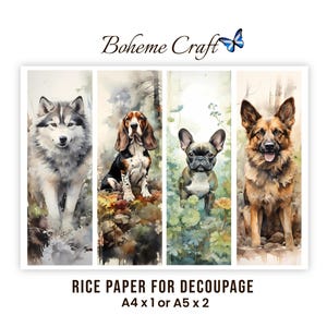Op de afbeelding: Vier verticale rechthoekige vellen rijstpapier voor decoupage met aquarelillustraties van een husky, een basset, een franse bulldog en een duitse herder. De tekst Boheme Craft met een vlindericoon en RICE PAPER FOR DECOUPAGE A4 x 1 or A5 x 2 is zichtbaar.