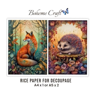 Fall Decoupage Rice Paper, Botanical Woodland Fox And Hedgehog Autumn Decor Animal Print image 1