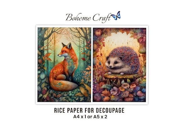 Fall Decoupage Rice Paper, Botanical Woodland Fox And Hedgehog Autumn Decor Animal Print