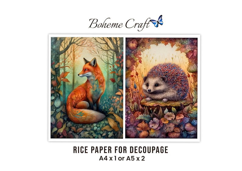 Fall Decoupage Rice Paper, Botanical Woodland Fox And Hedgehog Autumn Decor Animal Print image 1
