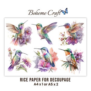 Könnte beinhalten: Ein Blatt Reispapier für Decoupage mit sechs verschiedenen Aquarellillustrationen von Kolibris, umgeben von violetten, rosa und orangefarbenen Blumen. Der obere Text lautet Boheme Craft mit einem blauen Schmetterling, der untere Text lautet RICE PAPER FOR DECOUPAGE A4 x 1 or A5 x 2.