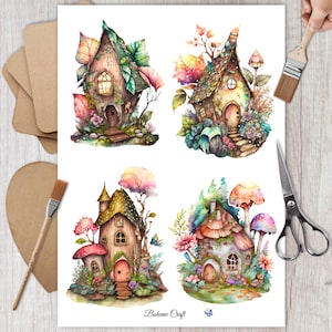 Papier de riz décoratif pour découpage, maison champignon féerique, scrapbooking, fabrication de cartes.