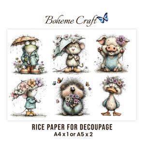 Decoupage med skogsdjur, rispapper A4/5, igelkott, mus, anka, groda, scrapbook, korttillverkning