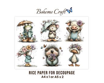 May include: A sheet of rice paper for decoupage featuring six illustrations of animals including a frog, mice, a pig, a hedgehog, and a duck, all decorated with flowers and umbrellas. The text Boheme Craft, Rice Paper for Decoupage, A4 x 1 or A5 x 2 is visible.