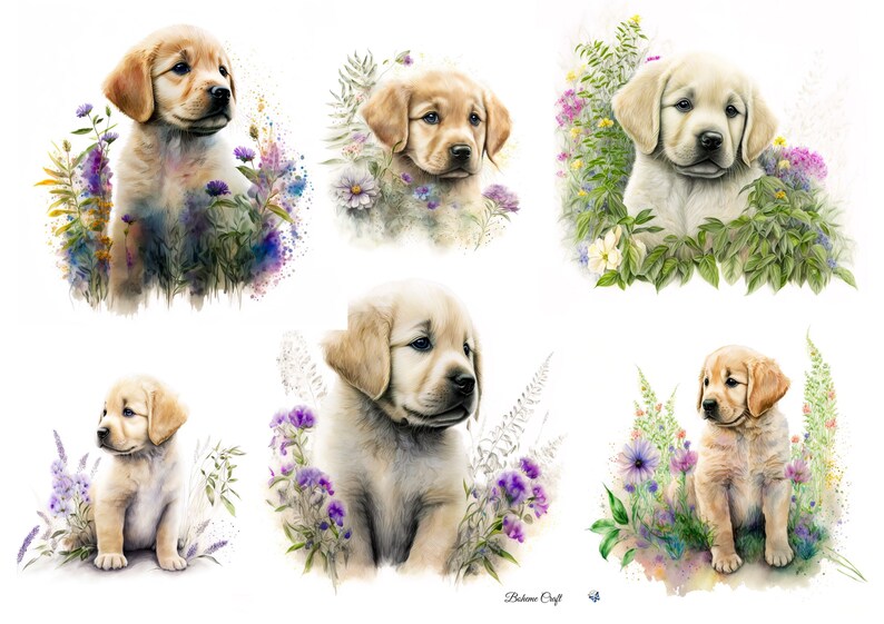 May include: A collection of six watercolor illustrations featuring golden retriever puppies surrounded by colorful wildflowers and greenery. Each puppy is depicted with soft fur and expressive eyes, set against a clean white background with the text Boho Craft.