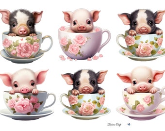 Rice Paper for Decoupage, Pigs In Teacups, Mulberry Tissue, Scrapbooking Journal, Art Print