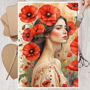 Ritratto di fiori di papavero in carta di riso per decoupage, collage di papaveri, effimeri scrapbooking, artigianato decorativo in carta, arredamento, arte murale