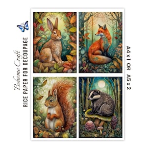 Decoupage-ark med rispapper från skogsdjur, Hare, räv, ekorre, grävling, djurliv, pyssel (A4/A5)