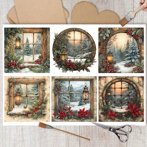Carta natalizia vintage per decoupage, collage tradizionale di finestre festive, effimeri scrapbooking festivi, creazione di biglietti, diari, decorazioni fai da te