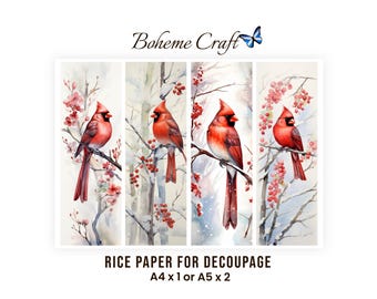 Winterlandschaft mit Rotkardinal-Motiven, saisonales Reispapier für Decoupage, Notizbücher und Weihnachtsbasteleien