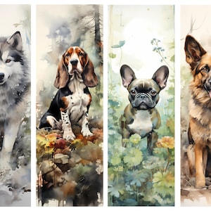 May include: Four watercolor paintings of dogs in different settings. A gray and white husky stands in a snowy forest, a brown and white basset hound sits in a forest with fall leaves, a French bulldog stands in a field of green plants, and a German Shepherd sits in a forest with brown leaves.