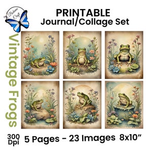 Conjunto de collage de imágenes prediseñadas imprimibles de ranas vintage para decoupage, diarios basura, fabricación de tarjetas, álbumes de recortes, artesanías de papel decorativas, efímeras de ranas