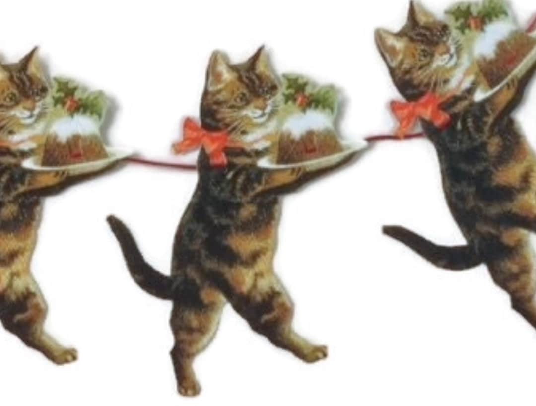 Paper Scrap Die Cut Relief, Christmas Cat With Puddings, Vintage