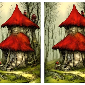 Papier de riz fantastique maison champignon féerique pour découpage, album éphémères, fabrication de cartes. Décoration DIY pour meubles, Carnets, Techniques mixtes