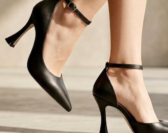 Black Matte Leather Stiletto Heels, Pointed Toe Ankle Strap Pumps Elegant Wedding Evening Shoes