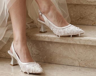 Ivory Tassel Lace Pearl Bridal Heels, Slingback Wedding Shoes, Low Heel Bride Shoes