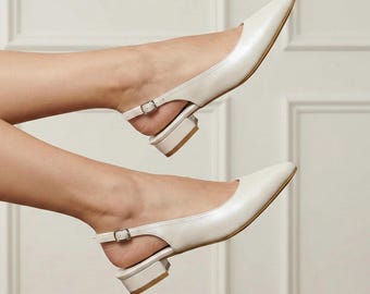 Ivory Low Heel Slingback Bridal Shoes, Pointed Toe Leather Wedding Kitten Heels
