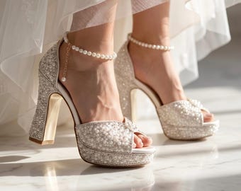 Pearl Embroidered Wedding Heels, Sparkly Ivory Bridal Shoes, Platform Heel