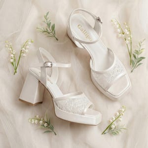 Lace Platform Bridal Shoes, Elegant Ivory Wedding Heels, Block Heel, Ankle Strap