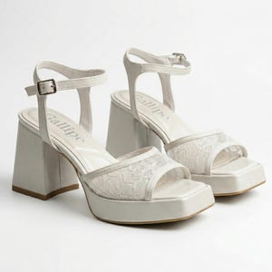 Pearl Lace Platform Bridal Shoes, Open Toe Comfy Block Heel Wedding Shoes