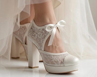 Floral Lace Platform Bridal Shoes, Closed Toe Block Heel Wedding Shoes, Comfy Bride Heels