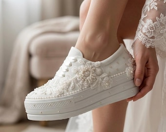 Pearl Embellished Floral Pattern Lace Platform Bridal Sneakers, Comfortable Ivory Wedding Shoes