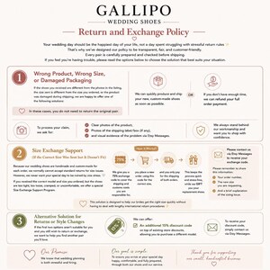 Peut inclure: Un document cr&egrave;me avec le logo Gallipo Wedding Shoes et une politique de retour et d'&eacute;change d&eacute;taill&eacute;e. La politique d&eacute;crit les solutions pour les probl&egrave;mes de taille ou d'emballage endommag&eacute;, et le support d'&eacute;change de taille. Le texte comprend les coordonn&eacute;es d'Etsy Messages.