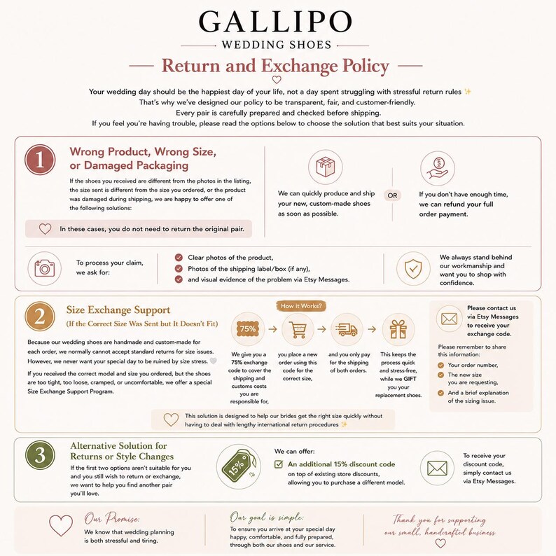 Peut inclure: Un document cr&egrave;me avec le logo Gallipo Wedding Shoes et une politique de retour et d'&eacute;change d&eacute;taill&eacute;e. La politique d&eacute;crit les solutions pour les probl&egrave;mes de taille ou d'emballage endommag&eacute;, et le support d'&eacute;change de taille. Le texte comprend les coordonn&eacute;es d'Etsy Messages.