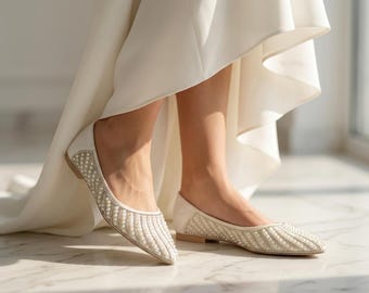 Bailarinas nupciales adornadas con perlas, zapatos de boda color marfil, bailarinas con punta de cristal, zapatos de novia cómodos.
