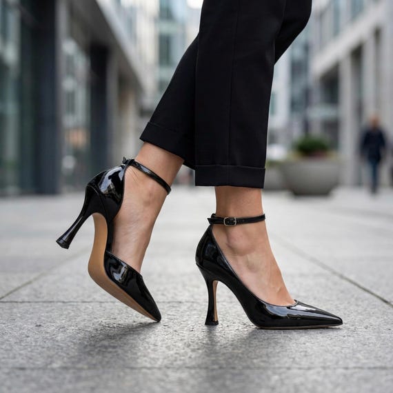 Black Patent Leather Stiletto Heels, Pointed Toe Ankle Strap Pumps Elegant Wedding Evening Shoes