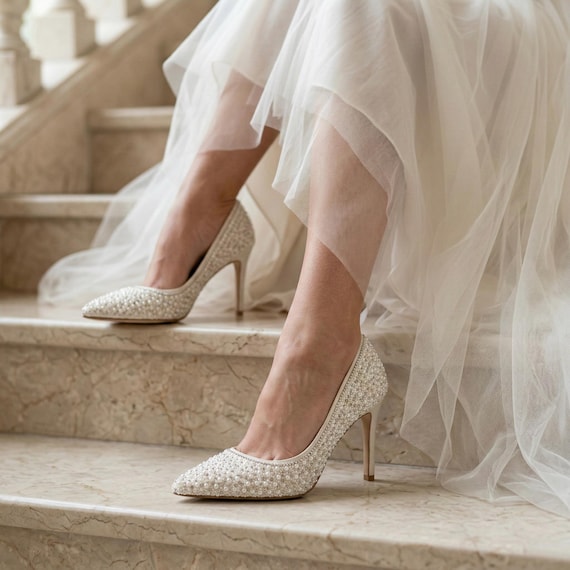 beaded dress shoes Pearl Embroidered Bridal Stiletto Heels, Beaded Wedding Shoes, Elegant High  Heel Bride