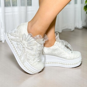 Lace Wedding Sneakers for Bride – Platform Bridal Converse with Pearls and Beads | Comfortable Wedge Bridal Shoes, Gift For Bridal