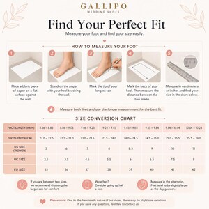Peut inclure: Un guide de mesure des pieds pour chaussures de mariage, avec des instructions et un tableau de conversion des tailles. Comprend la longueur du pied en centim&egrave;tres et en pouces, ainsi que les tailles de chaussures US, UK et EU. Le tableau aide &agrave; trouver la taille id&eacute;ale.