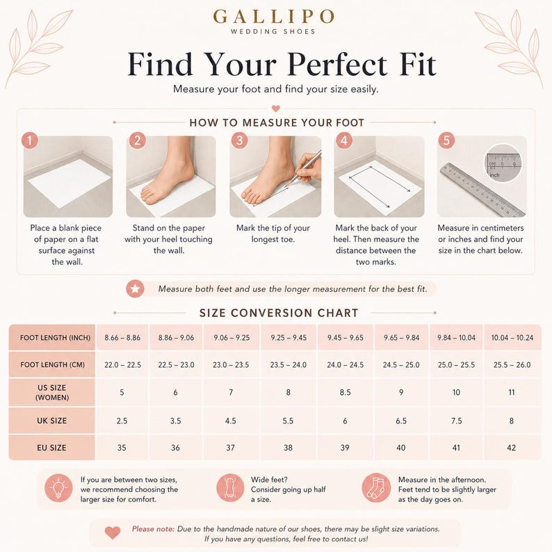 Peut inclure: Un guide de mesure des pieds pour chaussures de mariage, avec des instructions et un tableau de conversion des tailles. Comprend la longueur du pied en centim&egrave;tres et en pouces, ainsi que les tailles de chaussures US, UK et EU. Le tableau aide &agrave; trouver la taille id&eacute;ale.
