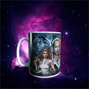 May include: White ceramic mug featuring a movie poster design with characters in a space-themed setting. The mug has a curved handle and a glossy finish. The background is a nebula with stars.