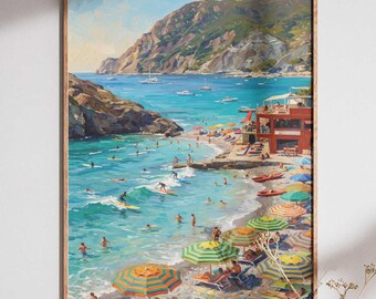 Stampa poster in stile impressionista con scena di spiaggia della costiera amalfitana
