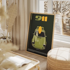 Groene Porsche 911 Singer Cartoon Poster meets Geel Surfboard - Uniek Handgemaakt Kunstwerk