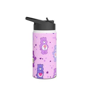 Care Bear Stainless Steel Water Bottle, Cute Purple Bear Design, Birthday Favors, Kids Gift, Motivational Hydration Bottle, Birthday Favor