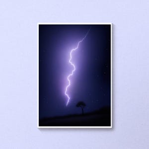 Crayon Lightning Print: Purple Bolt on Black - Moody Art (PDF Download A4/A3)