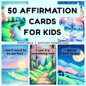 50 Affirmationskarten für Kinder, Buntstift-Naturkunst, druckbares digitales PDF, positive Achtsamkeit & SEL-Werkzeug für Kinder, emotionale Regulierung