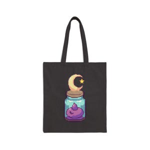 Pixel Art Mond & Glas Canvas-Einkaufstasche, umweltfreundliches Einkaufen, süßes Geschenk für Kunstliebhaber, perfekt für den täglichen Gebrauch, schrulliges Taschendesign