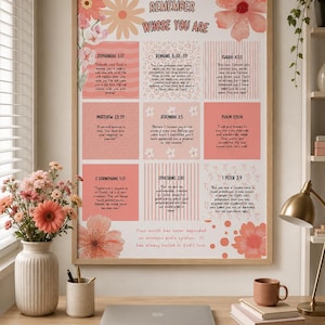 May include: A rectangular wall poster in a light wood frame featuring the text REMEMBER WHOSE YOU ARE at the top. The poster contains nine sections with various Bible verses in black text on pink and white backgrounds with floral patterns.