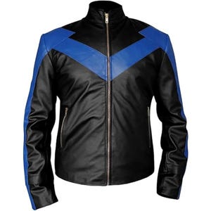 Mens Arkham Nightving Costume Blue Stripes Fashion Biker Black Genuine Leather Motorcycle Jacket