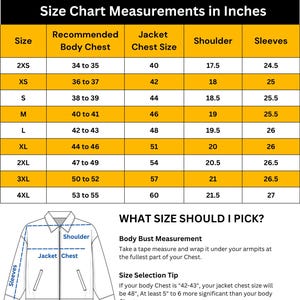 May include: A size chart for jackets, with measurements in inches. The chart includes sizes from 2XS to 4XL, detailing recommended body chest, jacket chest size, shoulder width, and sleeve length. Includes a diagram illustrating jacket measurements.