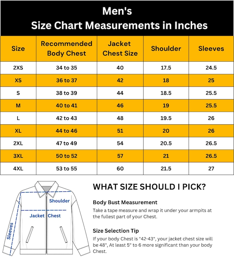 May include: A size chart for jackets, with measurements in inches. The chart includes sizes from 2XS to 4XL, detailing recommended body chest, jacket chest size, shoulder width, and sleeve length. Includes a diagram illustrating jacket measurements.