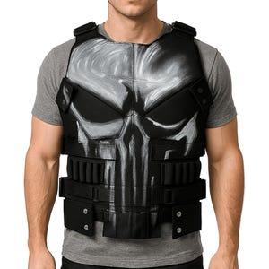 Mens Punisher Inspired Tactical Genuine Leather Vest Skull Design Halloween Cosplay Costume Biker Vest