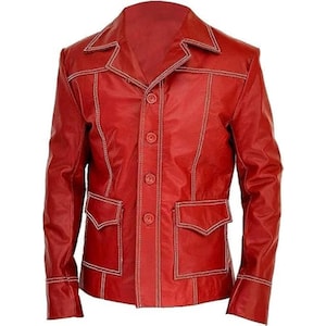 May include: A red leather jacket with white stitching details. The jacket features a button-up front, two front pockets, and a classic collar. The stitching outlines the seams and pockets, creating a contrasting design.