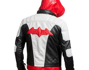 Chaqueta de capucha roja de Arkham Knight para hombre, chaqueta de disfraz con el logo de murciélago de Jason Todd, chaqueta de motociclista de cuero sintético
